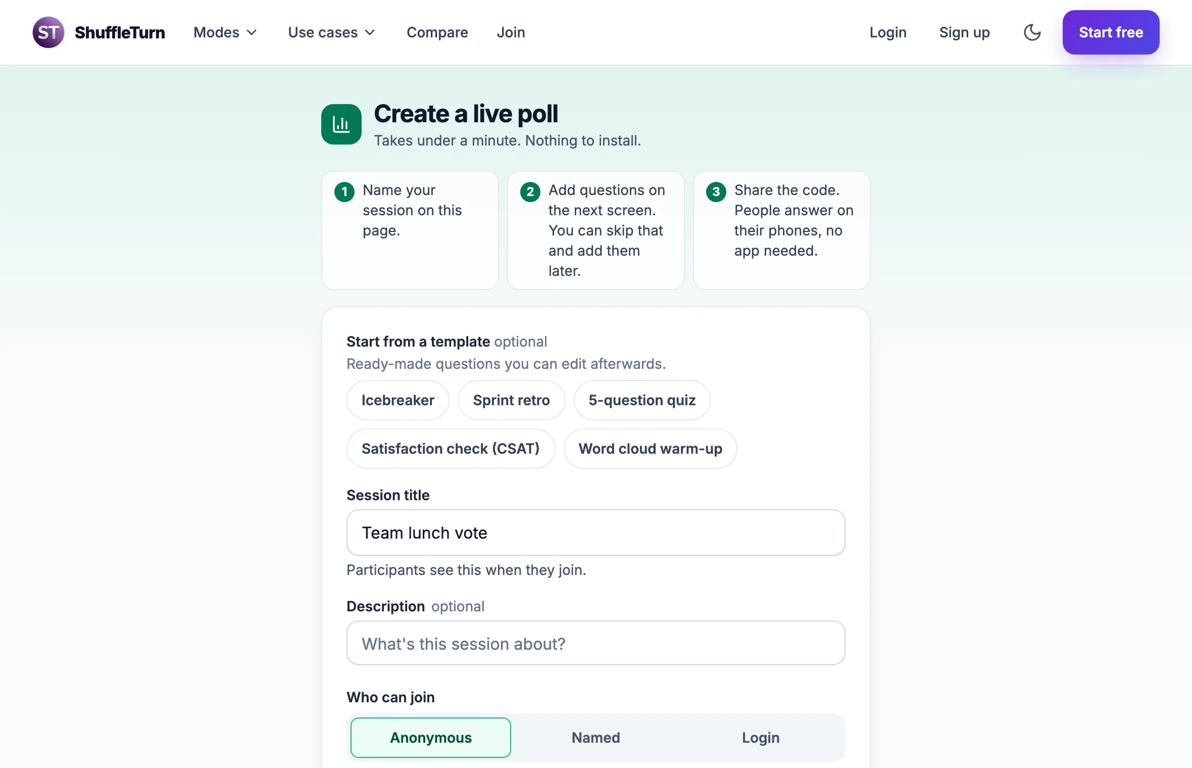 The create a live poll form with templates, a title field and a Who can join choice