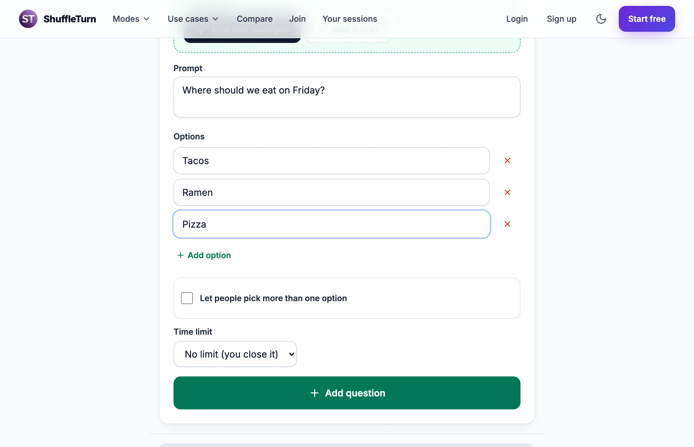 The question builder with a multiple choice question and three options filled in