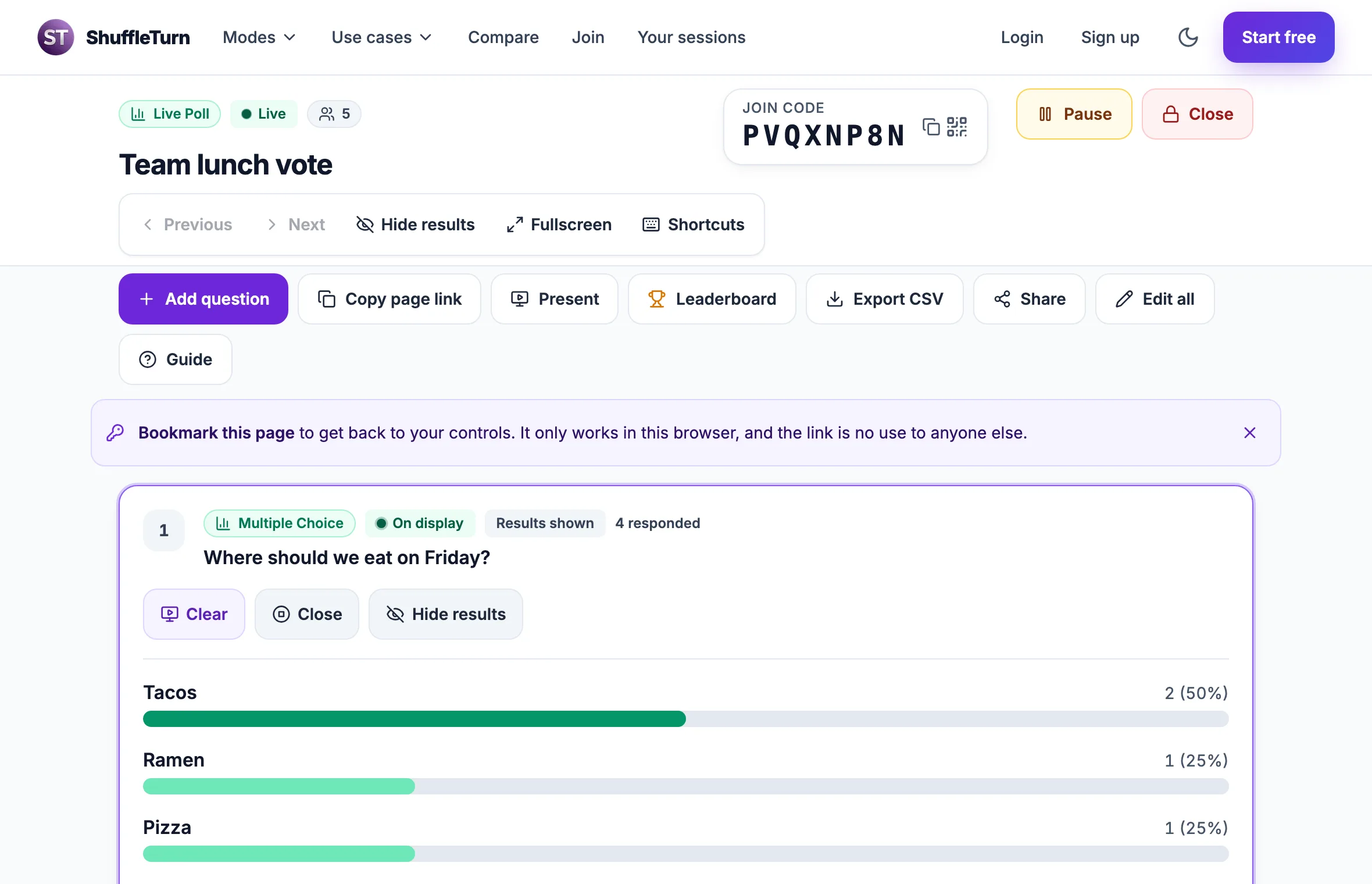 The host console after results were revealed, showing bars for each answer