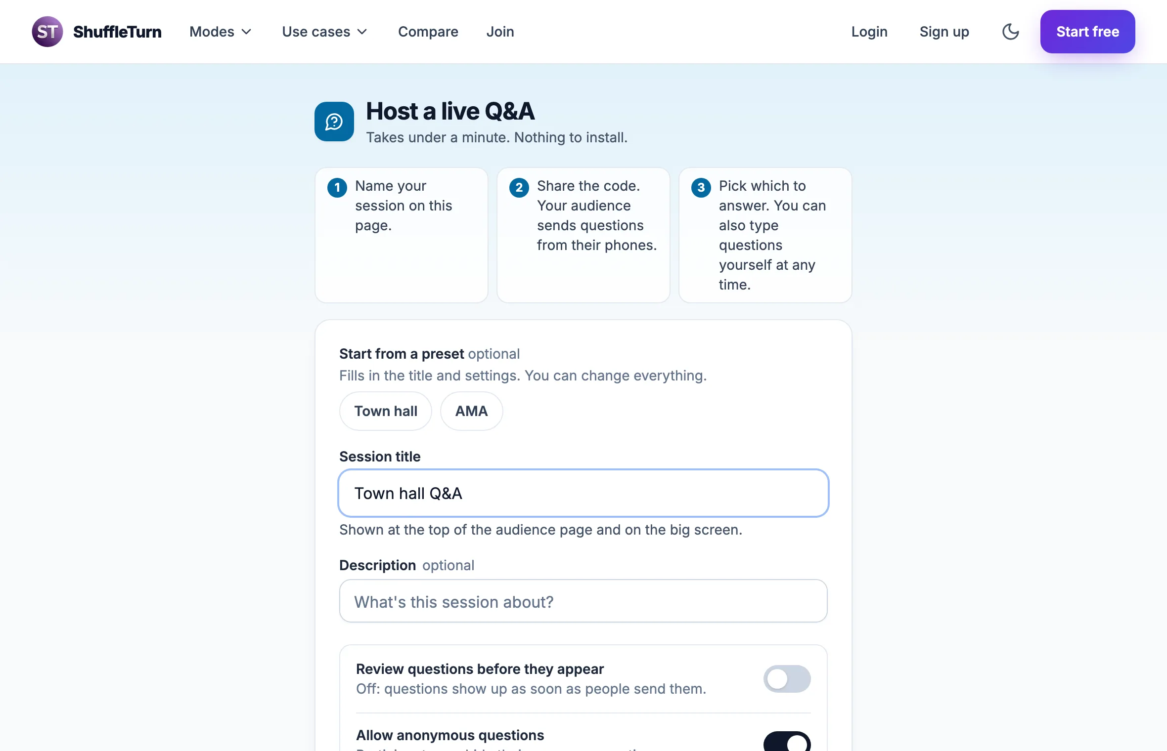 The create a live Q&A form
