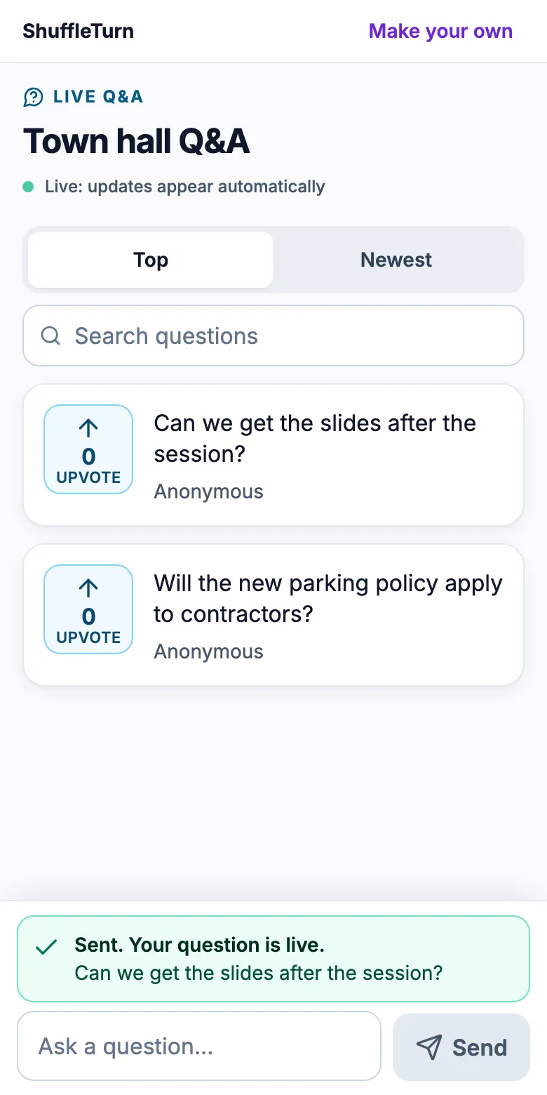 A phone showing the question list with upvote buttons